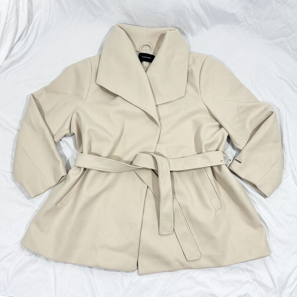 Tahari Ivory Cream Belted Wrap Coat Plus Sz Women’s 3XL Shawl Collar Fully Lined